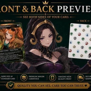 The image is an advertisement for a card game called "Front & Back Review". It features an illustration of a woman holding a card and another card, with text promoting the game and its features.