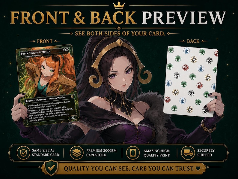 The image is an advertisement for a card game called "Front & Back Review". It features an illustration of a woman holding a card and another card, with text promoting the game and its features.