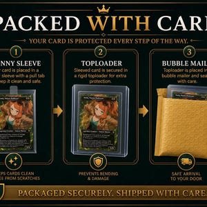 The image is a detailed illustration of a card protection process, showing how a card is packed securely with care. It includes three steps: placing the card in a padded sleeve, placing the card in a bubble mailer, and placing the card in a bubble envelope. The image also highlights the importance of keeping the card clean and free from scratches, preventing bending and damage, and ensuring a safe arrival to the recipient's door.
