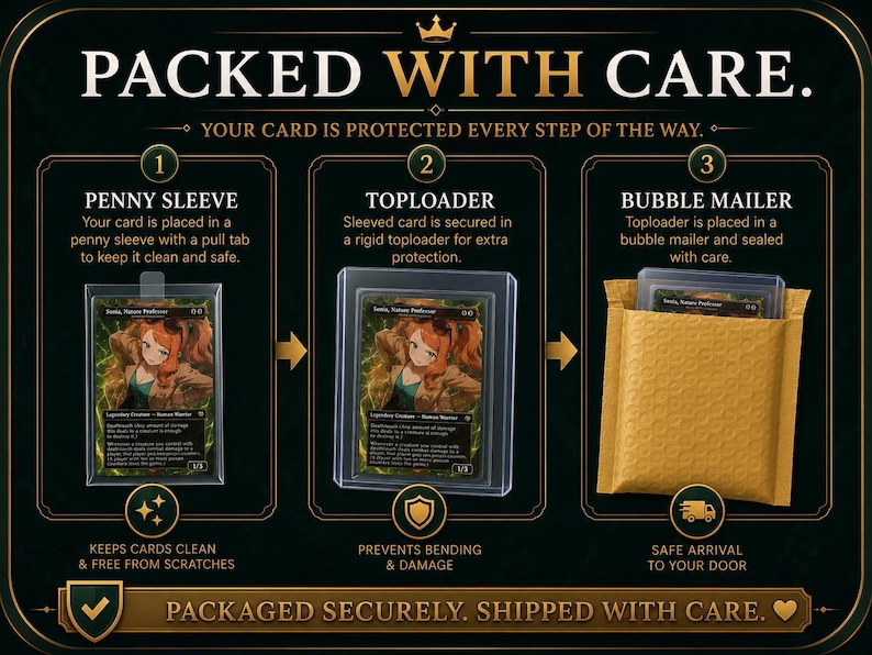 The image is a detailed illustration of a card protection process, showing how a card is packed securely with care. It includes three steps: placing the card in a padded sleeve, placing the card in a bubble mailer, and placing the card in a bubble envelope. The image also highlights the importance of keeping the card clean and free from scratches, preventing bending and damage, and ensuring a safe arrival to the recipient's door.