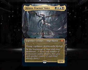 May include: A collectible trading card titled Atraxa, Praetors' Voice, featuring a winged angel horror creature with dark, sharp wings and a staff. The card text includes abilities like flying, vigilance, deathtouch, lifelink, and proliferate.