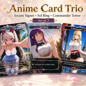 Conjunto personalizado de tres cartas esenciales de Commander: Sol Ring, Commander Tower, Arcane Signet. Carta proxy estilo anime con arte alternativo para Commander EDH.