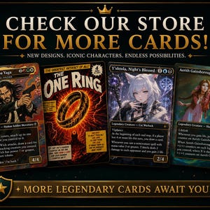 The image is an advertisement for a card shop, featuring various cards with different characters and abilities.