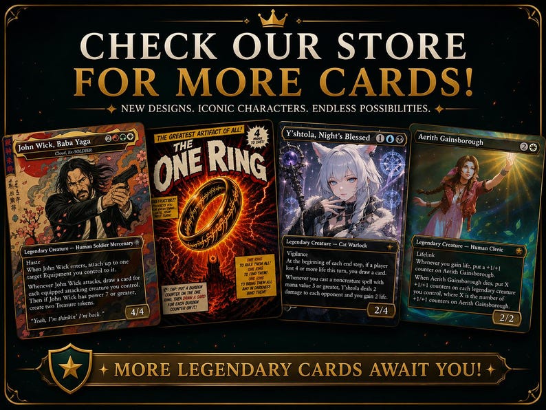 The image is an advertisement for a card shop, featuring various cards with different characters and abilities.