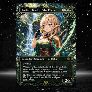 Carta proxy personalizzata di Lathril, Lama degli Elfi, stile anime, illustrazione alternativa, Commander EDH.