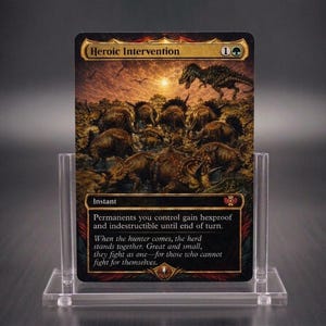 May include: A rectangular trading card titled Heroic Intervention featuring a sunset illustration of a dinosaur herd. The card text reads: Permanents you control gain hexproof and indestructible until end of turn. When the hunter comes, the herd stands together.