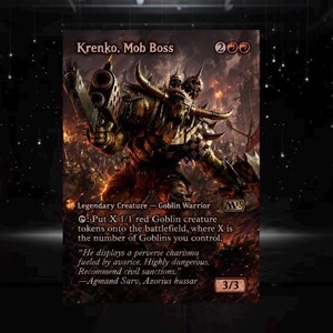 May include: A Magic: The Gathering trading card titled Krenko, Mob Boss featuring a horned goblin warrior in dark armor holding a large weapon. The card displays the text Krenko, Mob Boss, Legendary Creature - Goblin Warrior, and game rules text.