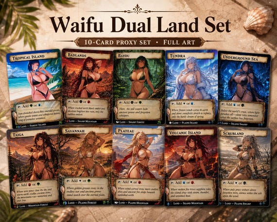 Waifu Dual Land Proxy Set, 10 Full Art Anime Fantasy Cards, Custom Trading Card Set Commander MTG EDH complete set
