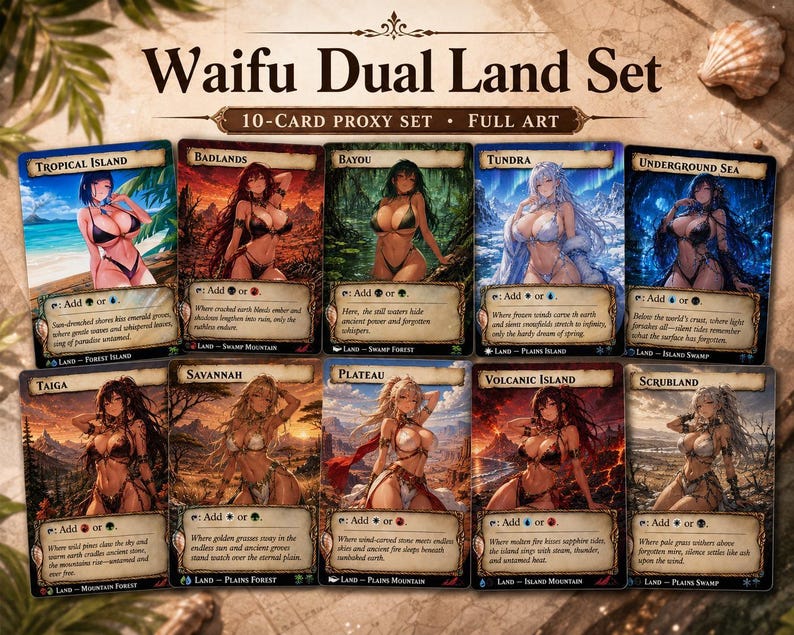 Set proxy Waifu Dual Land, 10 carte fantasy anime full art, set di carte collezionabili personalizzate Commander MTG EDH set completo Complete Set of 10