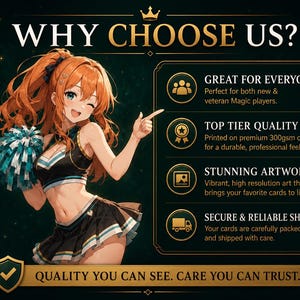 a female anime character with a cheerleader outfit, posing and pointing at something. The image is described as a "quality you can see" and "quality you can trust."