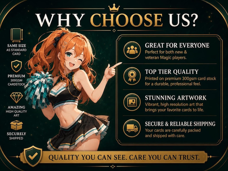 a female anime character with a cheerleader outfit, posing and pointing at something. The image is described as a "quality you can see" and "quality you can trust."