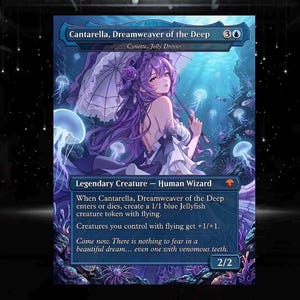 以下が含まれることがあります： 「Cantarella, Dreamweaver of the Deep」と題されたトレーディングカード。紫色の髪の人物が水中で白い日傘を差している様子が描かれています。カードにはテキスト、クラゲ、サンゴが青と紫の色調で配置されており、パワーは2/2です。