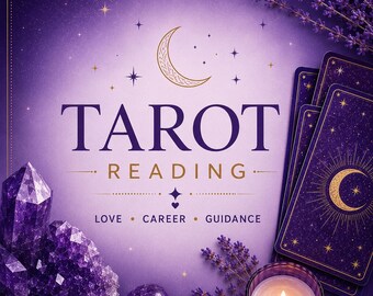 May include: A purple graphic featuring the text TAROT READING, LOVE, CAREER, GUIDANCE, a crescent moon, and stars. The image includes a cluster of purple amethyst crystals, a stack of tarot cards with moon designs, and a lit candle with lavender.