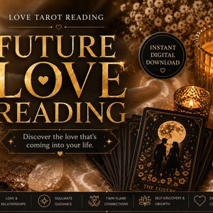 May include: A digital graphic for a Love Tarot Reading featuring gold text on a dark background. The image displays tarot cards, including The Lovers, alongside lit candles, crystals, and white flowers. Text includes Instant Digital Download.