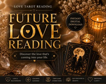 May include: A digital graphic for a Love Tarot Reading featuring gold text on a dark background. The image displays tarot cards, including The Lovers, alongside lit candles, crystals, and white flowers. Text includes Instant Digital Download.