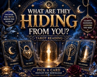 May include: A dark blue tarot reading graphic featuring the text WHAT ARE THEY HIDING FROM YOU? and TAROT READING. Four cards display a crescent moon, a heart-shaped padlock, a key, and an open doorway. Additional text includes UNCOVER THE TRUTH BEHIND THE SILENCE, CLARITY GUIDANCE ANSWERS YOU SEEK, and PICK A CARD INSTANT PDF DOWNLOAD.