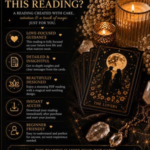 May include: A black tarot card titled The Lovers featuring a silhouette of a couple under a full moon, surrounded by gold floral accents. The image includes text detailing a love-focused reading service with five bullet points and two candles.