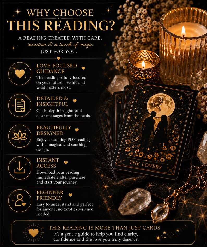 May include: A black tarot card titled The Lovers featuring a silhouette of a couple under a full moon, surrounded by gold floral accents. The image includes text detailing a love-focused reading service with five bullet points and two candles.