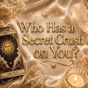 May include: A tarot card featuring The Sun with a golden sun face illustration, placed on a draped cream satin fabric. The text Who Has a Secret Crush on You? is written in gold lettering. A lit candle and a clear crystal are also visible.