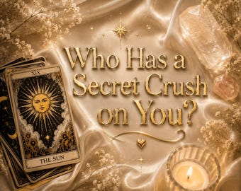 May include: A tarot card featuring The Sun with a golden sun face illustration, placed on a draped cream satin fabric. The text Who Has a Secret Crush on You? is written in gold lettering. A lit candle and a clear crystal are also visible.