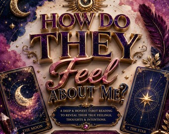 May include: A tarot reading graphic featuring the text HOW DO THEY FEEL ABOUT ME? with The Moon and The Star cards. Below are the phrases A DEEP & HONEST TAROT READING TO REVEAL THEIR TRUE FEELINGS, THOUGHTS & INTENTIONS and THE TRUTH IS IN THE CARDS.