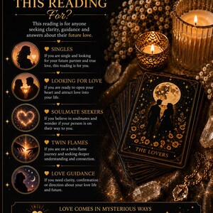 May include: A black and gold informational graphic titled Who Is This Reading For? featuring a deck of tarot cards with The Lovers card on top, two lit candles, and crystals. The text lists categories including Singles, Soulmate Seekers, and Twin Flames.