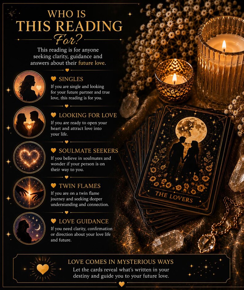 May include: A black and gold informational graphic titled Who Is This Reading For? featuring a deck of tarot cards with The Lovers card on top, two lit candles, and crystals. The text lists categories including Singles, Soulmate Seekers, and Twin Flames.