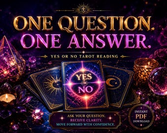 May include: A digital graphic for a yes or no tarot reading featuring the text ONE QUESTION. ONE ANSWER. YES OR NO TAROT READING. The central tarot card displays a glowing YES OR NO design, surrounded by candles, crystals, and a crystal ball.
