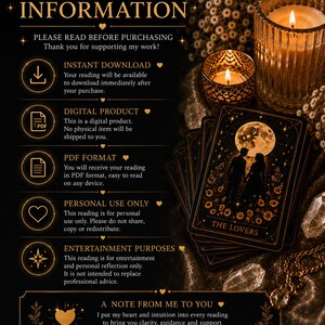 May include: A digital information card with gold text on a black background featuring a tarot card titled The Lovers, two lit candles, and crystals. The text outlines purchase details, including instant download, PDF format, and usage terms.