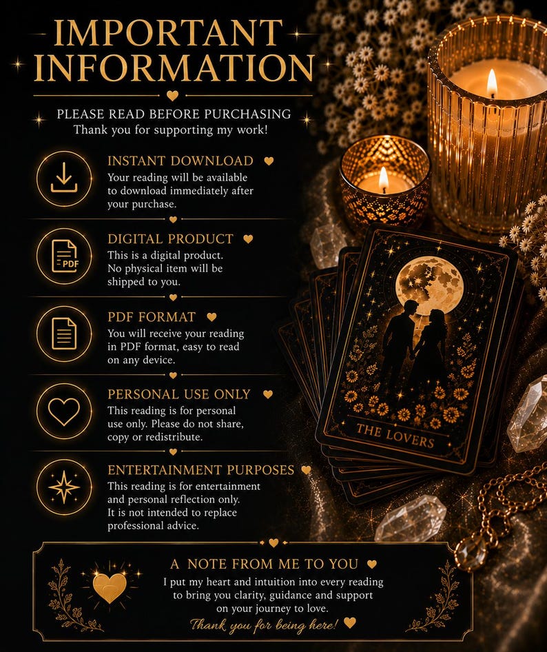 May include: A digital information card with gold text on a black background featuring a tarot card titled The Lovers, two lit candles, and crystals. The text outlines purchase details, including instant download, PDF format, and usage terms.