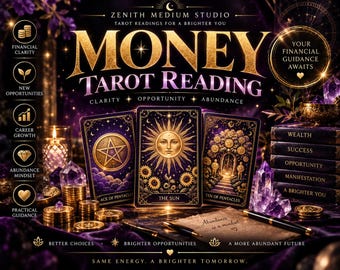 May include: A digital graphic for a Money Tarot Reading featuring three tarot cards: Ace of Pentacles, The Sun, and Ten of Pentacles. The image includes stacks of gold coins, purple crystals, a candle, and a stack of books labeled Wealth, Success, Opportunity, Manifestation, and A Brighter You. Text includes Zenith Medium Studio, Money Tarot Reading, and various phrases.