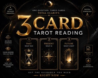 May include: A digital graphic for a 3 Card Tarot Reading featuring gold text on a black background. The design displays three rectangular panels labeled Past, Present, and Future, with icons of an hourglass, a compass star, and an arched doorway.