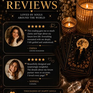 May include: A promotional graphic titled REAL CUSTOMER REVIEWS featuring two testimonials with five-star ratings, photos of two individuals, and the text LOVED BY SOULS AROUND THE WORLD. A deck of tarot cards labeled THE LOVERS sits beside two lit candles.