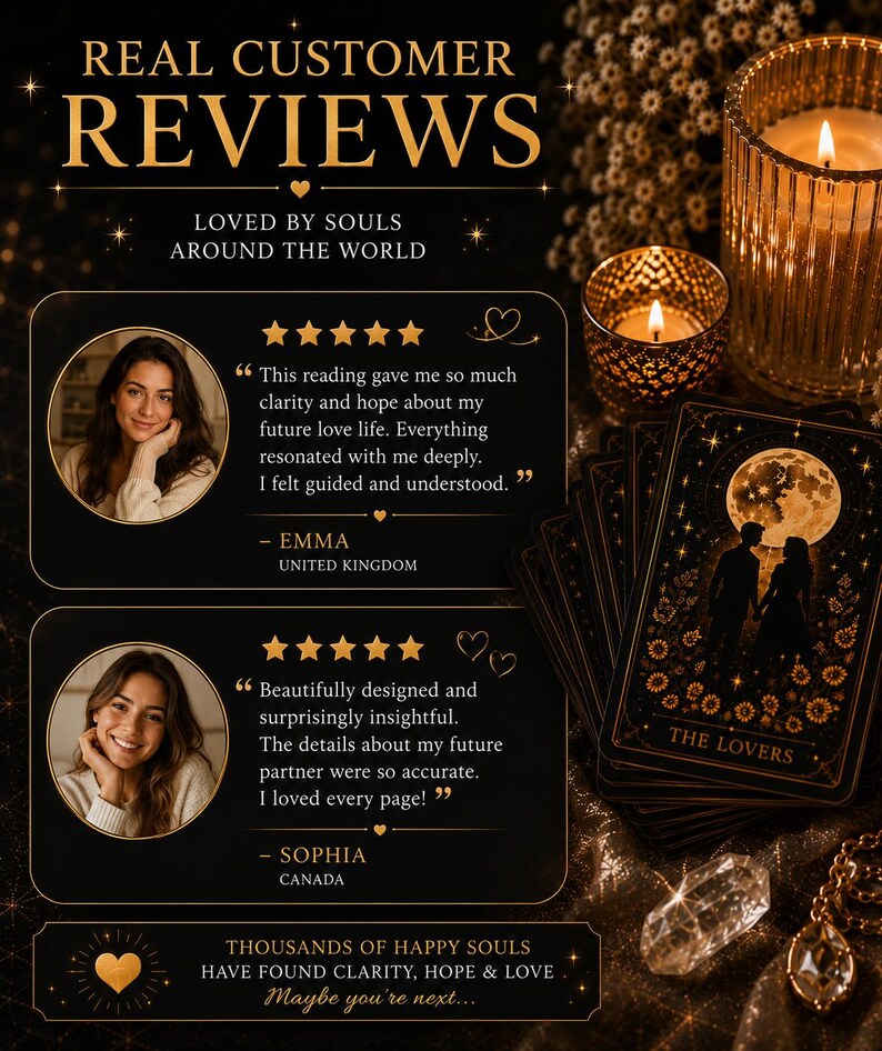 May include: A promotional graphic titled REAL CUSTOMER REVIEWS featuring two testimonials with five-star ratings, photos of two individuals, and the text LOVED BY SOULS AROUND THE WORLD. A deck of tarot cards labeled THE LOVERS sits beside two lit candles.