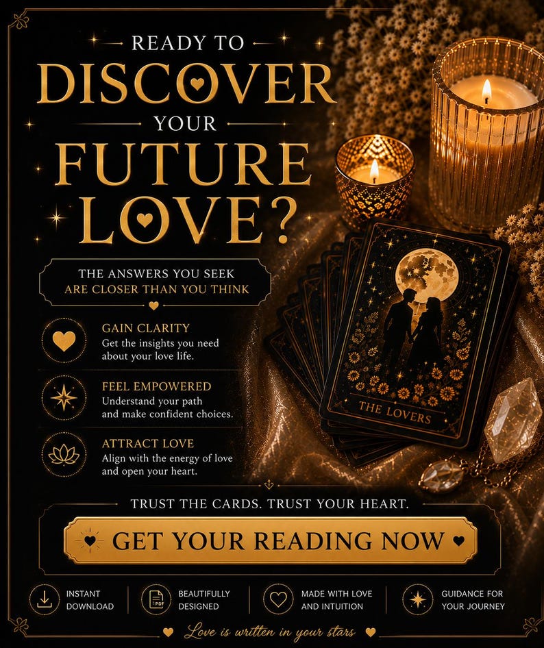 May include: A black and gold promotional graphic featuring the text READY TO DISCOVER YOUR FUTURE LOVE? with a deck of tarot cards showing The Lovers, two lit candles, and a crystal. The design includes bullet points for reading services.