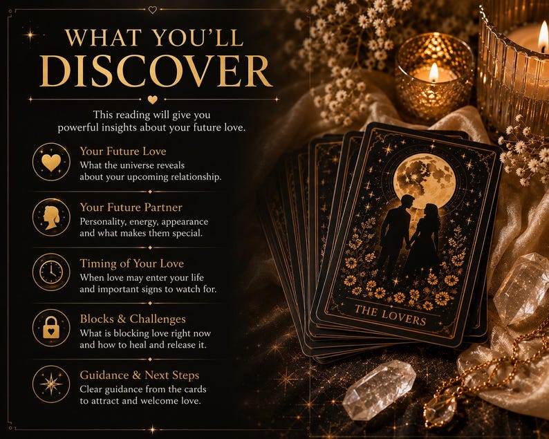 May include: A tarot card deck featuring The Lovers card with a moon and couple silhouette. Text includes WHAT YOU'LL DISCOVER, Your Future Love, Your Future Partner, Timing of Your Love, Blocks & Challenges, and Guidance & Next Steps with icons.