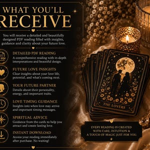 May include: A digital information graphic titled WHAT YOU'LL RECEIVE, detailing a PDF reading service. It features a deck of tarot cards with a Lovers illustration, lit candles, and text outlining features like future love insights and spiritual advice.