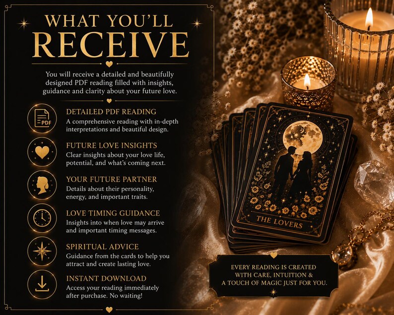 May include: A digital information graphic titled WHAT YOU'LL RECEIVE, detailing a PDF reading service. It features a deck of tarot cards with a Lovers illustration, lit candles, and text outlining features like future love insights and spiritual advice.