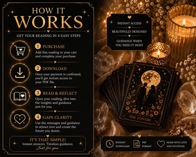 May include: A black informational graphic titled HOW IT WORKS detailing four steps for a digital reading, alongside a deck of tarot cards featuring The Lovers, two lit candles, and crystals. The text includes instructions for purchase, download, and reflection.