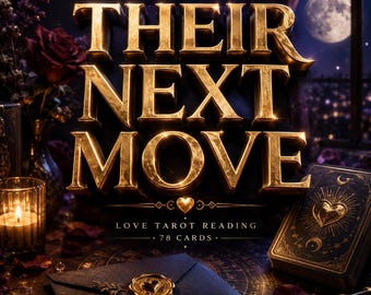 May include: A tarot card deck set featuring the gold text THEIR NEXT MOVE and LOVE TAROT READING 78 CARDS. The scene includes a black envelope with a gold heart wax seal, a deck of black cards with gold heart designs, a lit candle, and a rose.