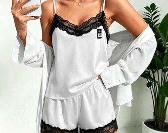 Women's Satin and Lace Pyjama Set, 2-Piece Nightgown, Shorts and Camisole, Romantic Silk Lingerie, Gift for Her, Chic Pyjamas