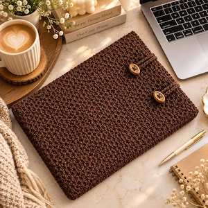 May include: A rectangular dark brown crochet sleeve featuring a textured stitch pattern and two wooden buttons secured by matching yarn loops. The cover is designed to protect a flat object, showcasing a consistent knit construction throughout.
