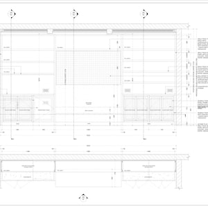 May include: A technical architectural shop drawing showing an elevation and plan view of custom cabinetry with integrated shelving, lower storage units, and a central recessed area, featuring detailed annotations, dimensions, and project notes.