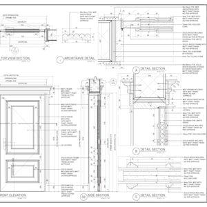 Puede incluir: Un dibujo técnico arquitectónico de una puerta doble enrasada para comedor, que muestra alzado frontal, vista superior, sección lateral y detalles de arquitrabe con medidas en milímetros y etiquetas de texto para construcción.