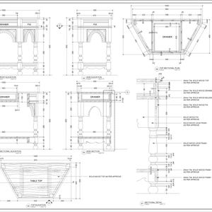 May include: A technical shop drawing for a wooden console table, featuring front, side, and top elevations with detailed metric measurements in millimetres. The document includes a small rendered image of the finished furniture piece.