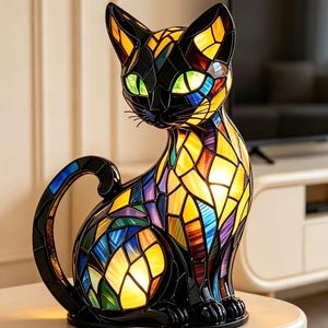 Può includere: Una lampada a forma di gatto costruita con pezzi di vetro colorato multicolore tenuti insieme da linee di piombo nere. La lampada presenta segmenti di vetro giallo, blu, viola e verde brillante con occhi verdi luminosi e una coda curva su base.