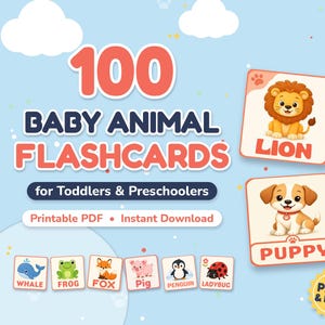 Può includere: Un set di 100 flashcard di animali per bambini piccoli e in età prescolare con illustrazioni colorate di leone, panda, cucciolo, giraffa, balena, rana, volpe, maiale, pinguino e coccinella con i nomi stampati in rosso su ogni carta.