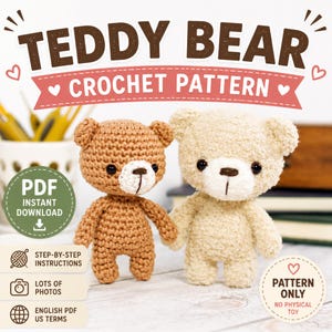 Virkad nallebjörn PDF-mönster, Amigurumi-leksakshandledning, Liten plyschbjörn (Direkt nedladdning)