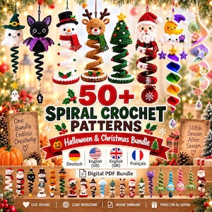 50+ Halloween and Christmas Spiral Crochet Pattern Bundle PDF | Holiday Wind Spinner Ornament | Hanging Amigurumi Christmas Decor Craft