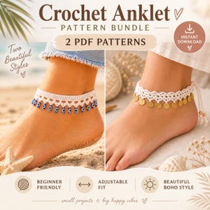 May include: A digital pattern bundle for two crochet anklets. One anklet features white thread with blue and white evil eye beads, while the other features white thread with small gold-colored metal coins. Both designs include adjustable ties.